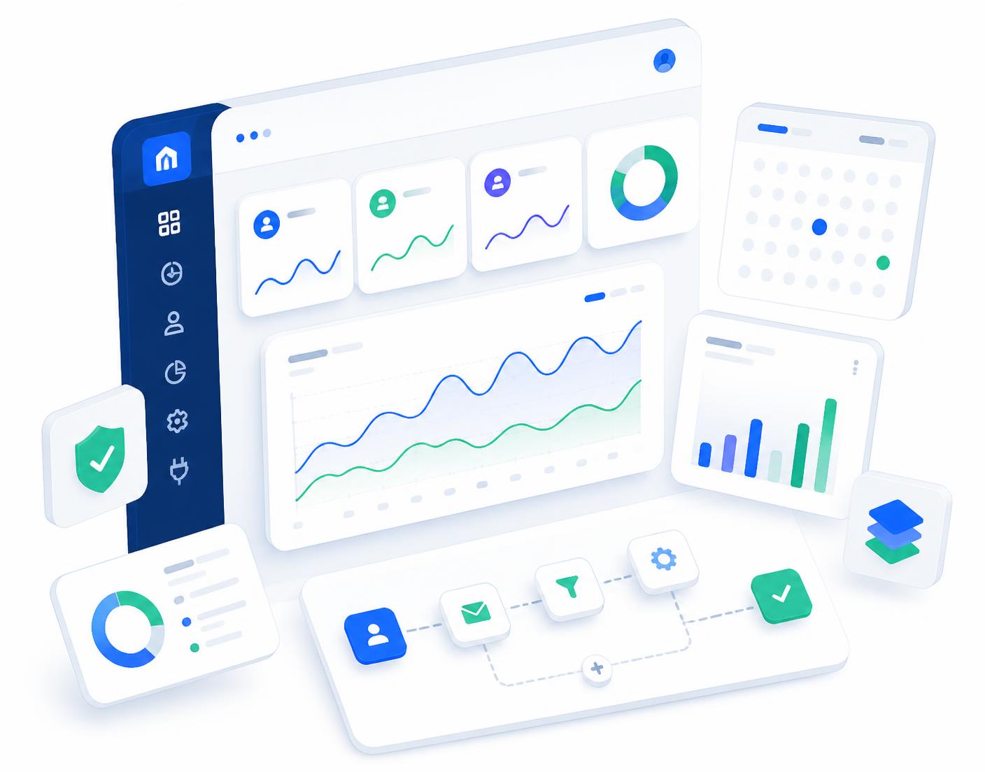 Panel digital con indicadores, agenda y flujos de automatización empresarial